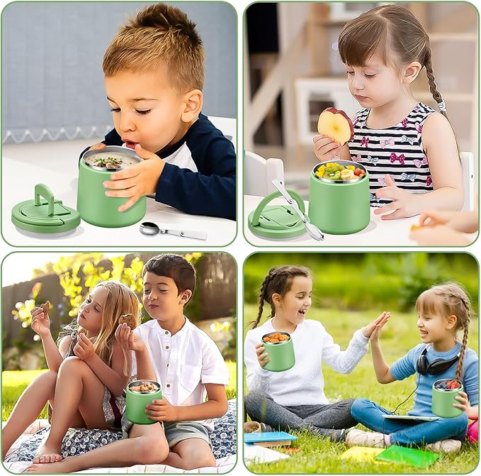 20oz Insulated Vacuum Food Jar with Buckle Lid,Soup Thermo for Hot Food Kids,Wide Mouth Leakproof Stainless Steel Lunch Container with Spoon-Green-CubbioJoy