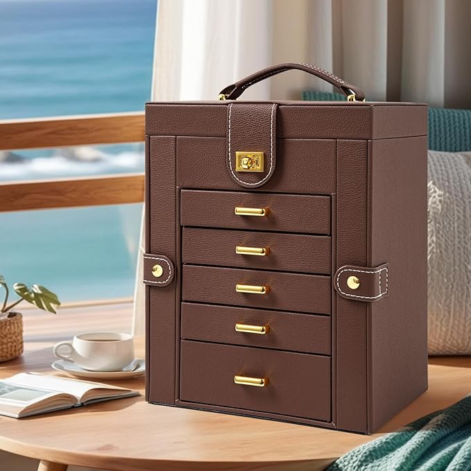 AKOZLIN Jewelry Box Organizer Functional Leather Jewelry Storage Case for Women Girls Ring Necklace Earring Bracelet Holder Organizer with Mirror Brown-CubbioJoy