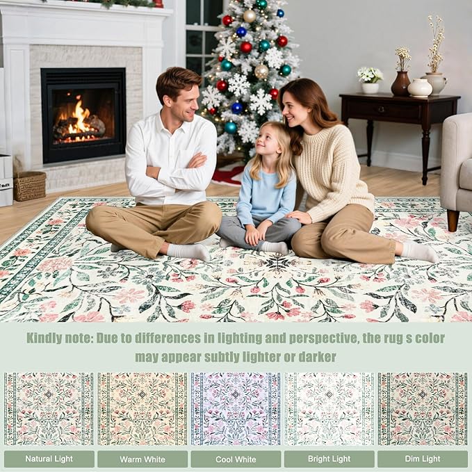 8x10 Area Rugs for Living Room: Floral Washable Rug Vintage Large Soft Boho Non-Slip Carpet Indoor Stain Resistant Low Pile Carpets for Bedroom Dining Room Farmhouse Nursery Home Office Green Beige-CubbioJoy