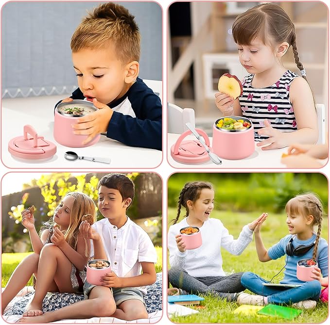 14oz Insulated Vacuum Food Jar with Buckle Lid,Soup Thermo for Hot Food Kids,Wide Mouth Leakproof Stainless Steel Lunch Container with Spoon-Pink-CubbioJoy