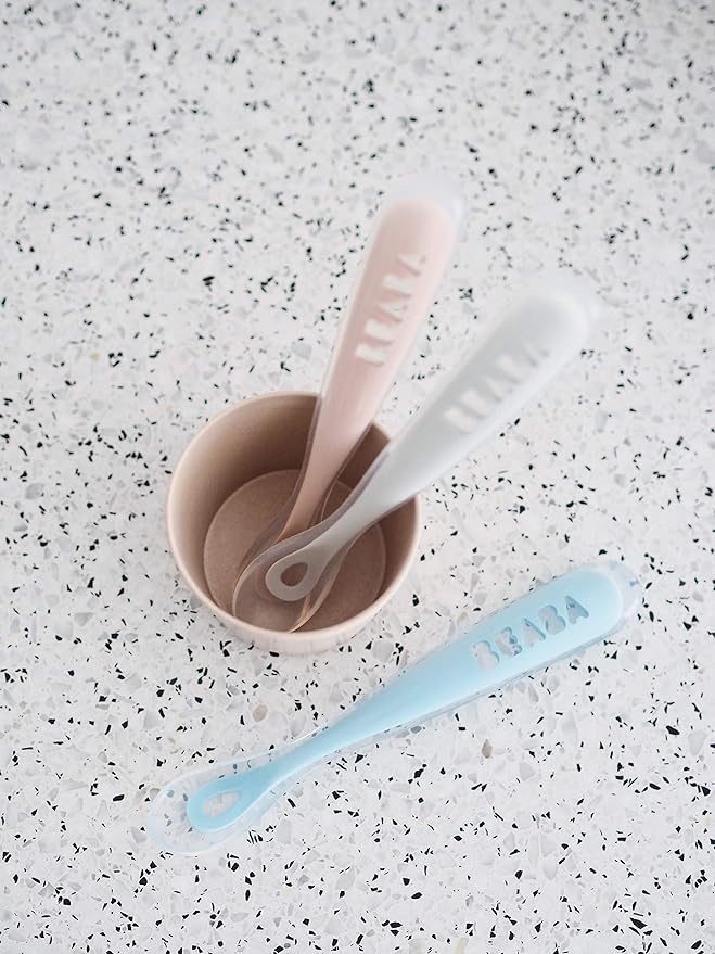 BEABA Baby's First Foods Spoon Set, Original Silicone Baby Spoons, 4 Pack, BPA Lead & Phthalate Free, Gray-CubbioJoy