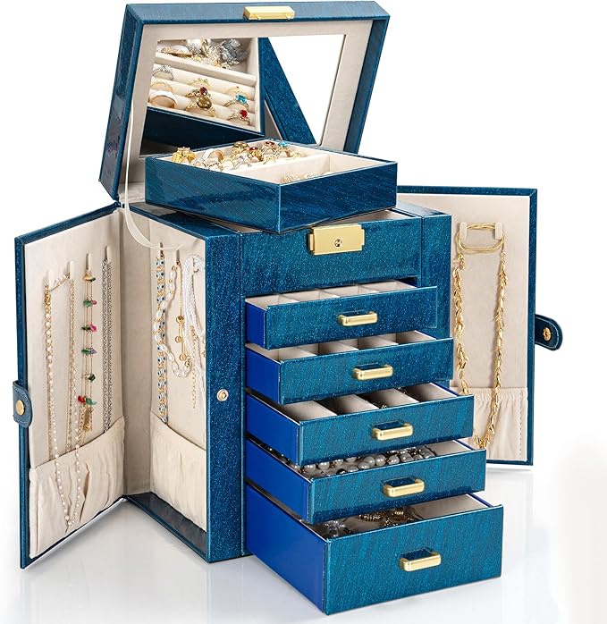 AKOZLIN 6-Tier Jewelry Box Lockable Leather Jewelry Storage Case with 5 Drawers for Women Girls Ring Necklace Earring Bracelet Holder Organizer with Mirror Blue-CubbioJoy