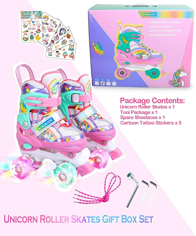 4-Pejiijar Rainbow Unicorn Kids Roller Skates for Girls Toddler Ages 2-4 5-8 8-12,Adjustable Roller Shoes with Luminous Wheels for Birthday Xmas Gifts-CubbioJoy