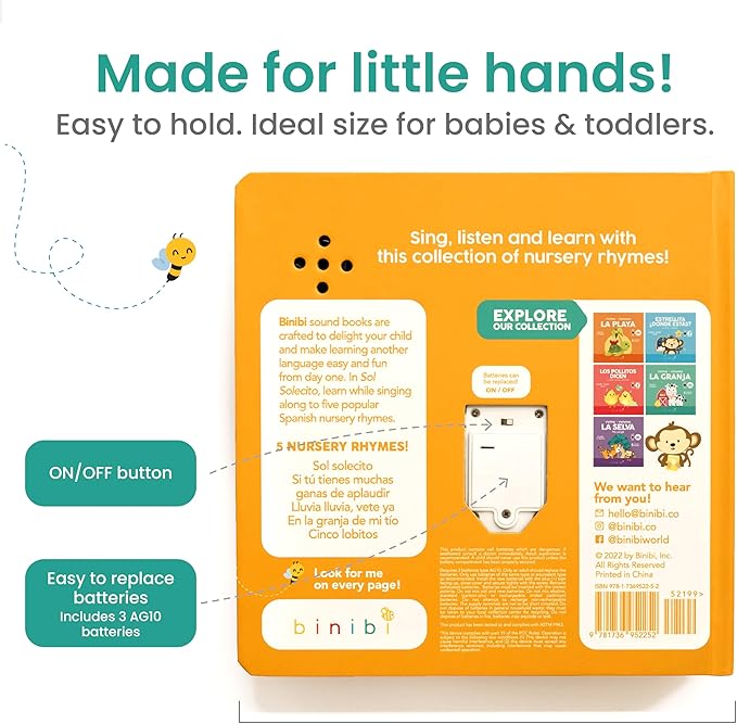 Binibi Spanish Musical Book for Toddlers Sol Solecito & Other Nursery Rhymes | Spanish Learning for Kids | Bilingual Children's Sound Book | Libro en espaรฑol para bebรฉs-CubbioJoy