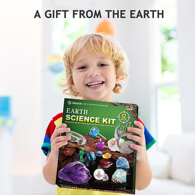 Japace Earth Science Kits for Kids Age 4-6-8-12-14, Birthstone Gemstone Dig Kit, Geology Kit with Break Your Own Geodes, Crystal Growing Experiment, Rock Mining Kit Birthday Gifts Toys for Boys Girls-CubbioJoy