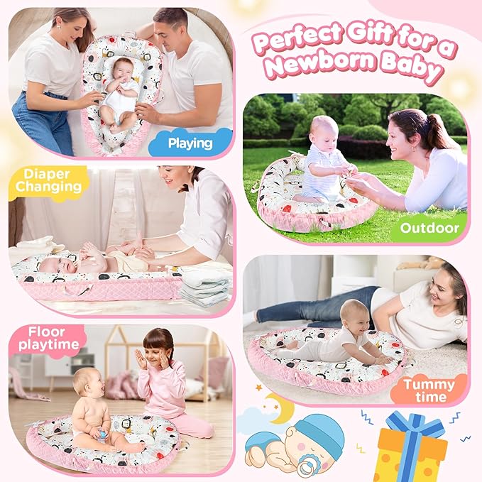 Baby Lounger - Baby Lounger for Newborn 0-24 Months, Breathable and Soft Cotton Cover Baby Nest, Portable Cozy Tummy Time Lounger for Home and Travel, Ideal Baby Essentials & Shower Gifts-CubbioJoy