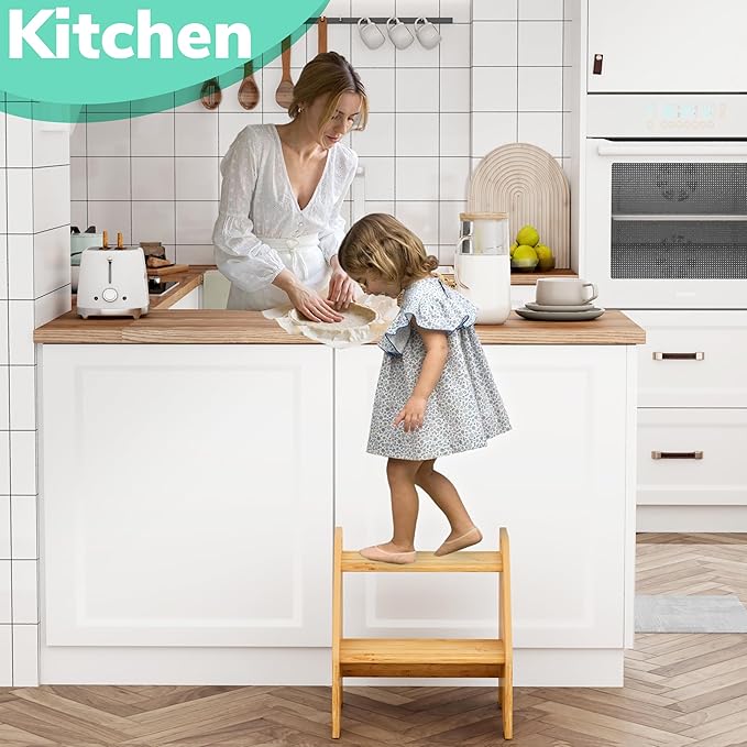 AMBIRD Wooden Step Stool, 15.75'' H Potty Training Toddler 300 lbs Capacity with Safety Non-Slip Pads and Handles, Kitchen Step Stools for Kids, Bamboo Step Stool for Bathroom, High Beds (Natural)-CubbioJoy