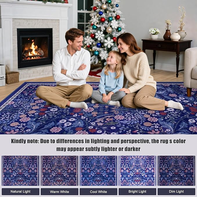 6x9 Area Rugs for Living Room: Floral Washable Rug Vintage Large Soft Boho Non-Slip Carpet Indoor Floor Stain Resistant Thin Carpets for Bedroom Dining Room Farmhouse Nursery Hallway Home Office Blue-CubbioJoy