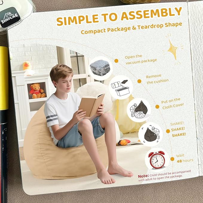 2FT Bean Bag Chair, Comfy Bean Bag Chairs with Memory Foam Filled, Fluffy Beanbag Sofa with Dutch Velvet Cover, Teardrop BeanBag Chairs for Living Room, Playroom - Khaki-CubbioJoy