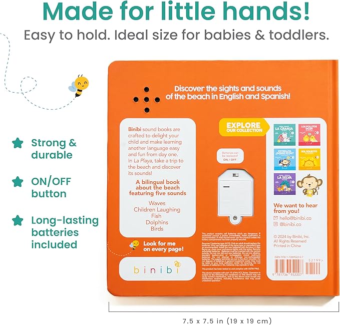 Binibi Spanish Books for Babies & Toddlers 1-3 The Beach Interactive Bilingual Sound Book with Fun Beach Sounds | Bilingual Children's Book | Spanish Learning for Kids-CubbioJoy