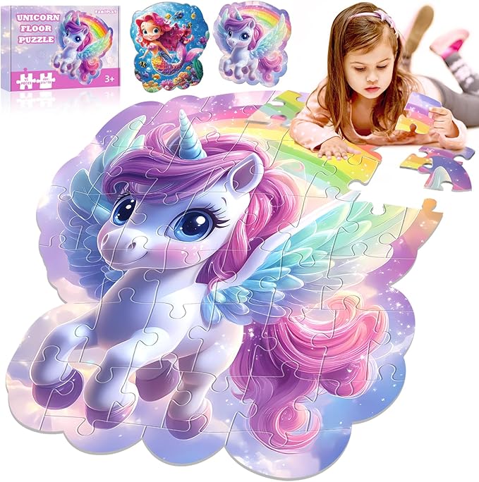 45pcs Unicorn & Mermaid Double-Sided Floor Puzzles, Ages 3-8, 27.6x32 In, Waterproof, EVA Material, Jumbo Jigsaw Puzzle, 1 Set of 45 Pieces-CubbioJoy