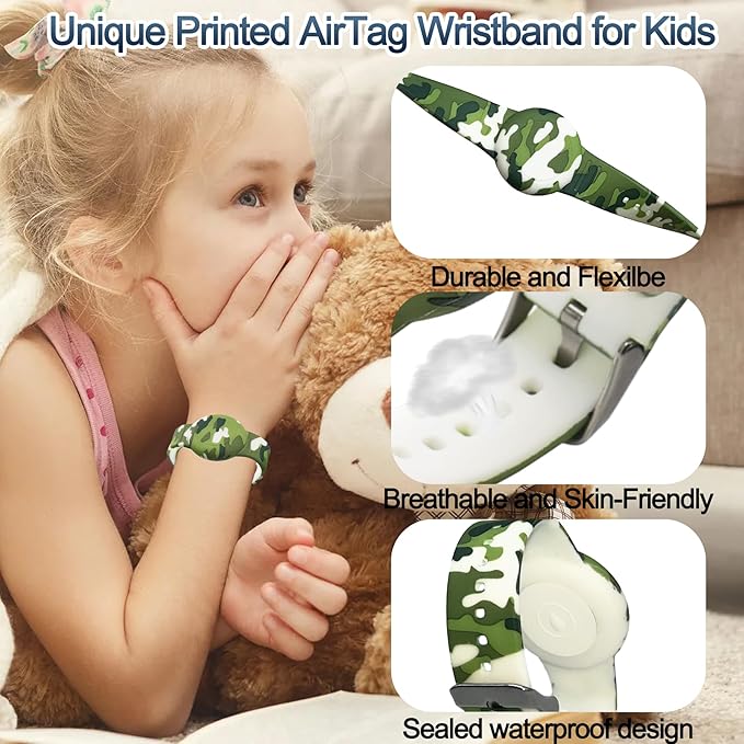 2 Pack Waterproof AirTag Bracelet for Kids, Hidden Printed Wristband for Apple Air Tag, Silicone AirTag Holder GPS Tracker Case for Band for Child Toddler, Secure Anti-Lost Protection(Camouflage)-CubbioJoy