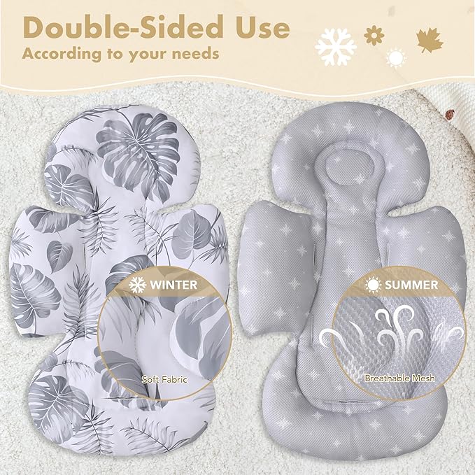 Infant Car Seat Insert, 2-in-1 Head & Body Carseat Support for Baby Newborn Toddler with Strap Covers, Reversible Ultra-Soft Cushion for Baby Carseat, Stroller, Swing & Bouncer-CubbioJoy