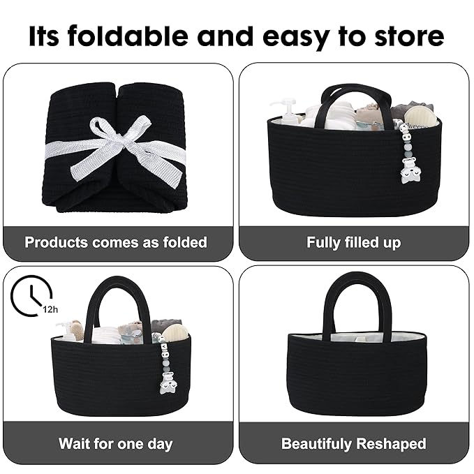 Baby Diaper Caddy Organizer for Girl Boy Cotton Rope Nursery Storage Bin Basket Portable Holder Tote Bag for Changing Table Car Travel Baby Shower Gifts Newborn Essentials Registry Must Haves Black-CubbioJoy