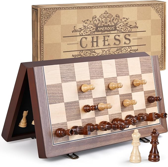 AMEROUS 15'' Magnetic Wooden Chess Set for Adults Kids - with Folding Board, Gift Package, Pieces Storage Slots, Handmade Pieces,Chess Board Game Set for Tournament Professional Beginner-CubbioJoy