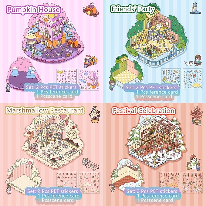 DIY 3D Sticker Scene,8 Sets Pack(600+) Large-Sized, Reusable Sticker Book, Cute Sets for Free Combination, Waterproof for Anywhere, Crafts Party Favors Birthday Gift-CubbioJoy