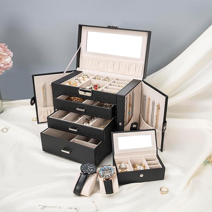 AKOZLIN 4-Tier Jewelry Box Lockable Leather Jewelry Storage Case Organizer with 3 Drawers for Women Girls Ring Necklace Earring Bracelet Watches Holder with Mirror-CubbioJoy