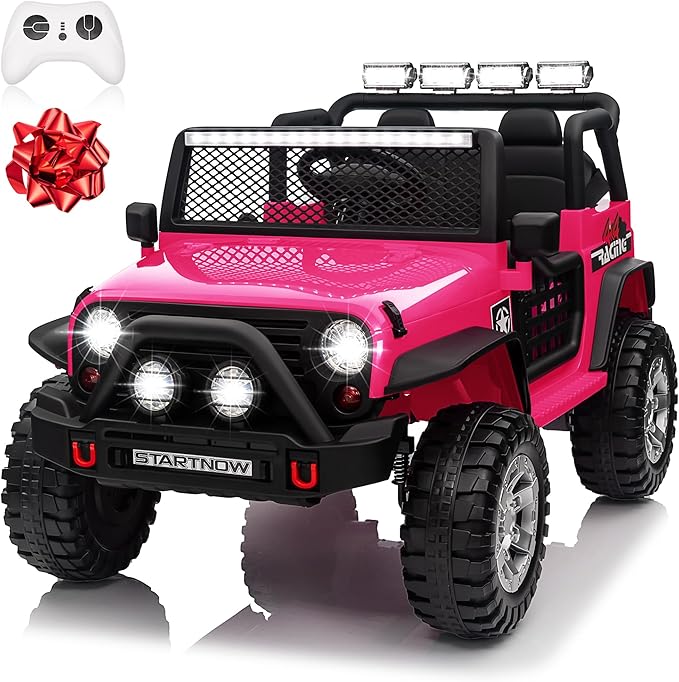24V 4WD Ride on Truck Car w/800W Motors, Gift Flower, Remote Control, 2 Seaters, Light Bar, 3 Speeds, Pop Music, Power Four Wheels, 24 Volt Ride on Toy Car for Big Kids, Rose Red-CubbioJoy