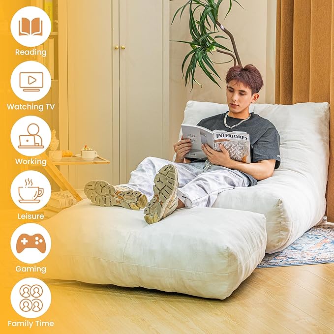 Bean Bag Chair with Ottoman, Comfy Bean Bag Sofa with Memory Foam, Lazy BeanBag Sofa with Footstool, Fireside Bean Bag Couch for Living Room, Bedroom, Apartment-CubbioJoy