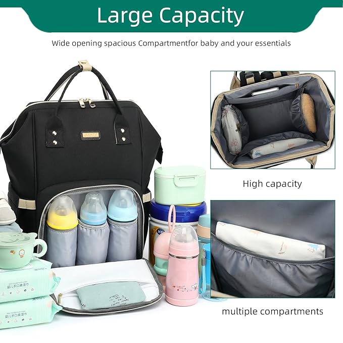 Diaper Bag Backpack, Diaper Bags for Baby Girls Boys, Baby Bags for Moms Dads, Nappy Changing Bag with Insulated Pockets,Multi-functional Waterproof Backpack with Stroller straps-Black-CubbioJoy
