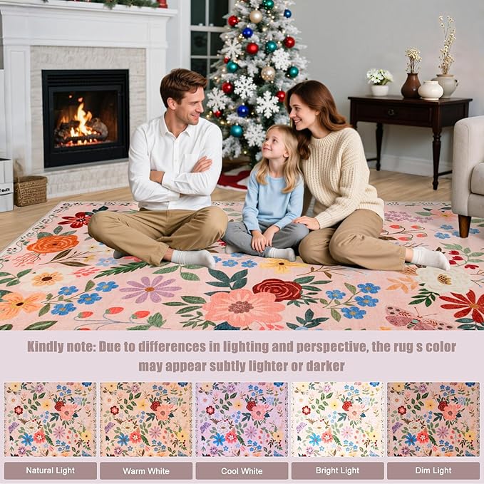 Area Rug Living Room Rugs: Floral 5x7 Washable Rug Vintage Soft Boho Non-Slip Carpet Indoor Floor Stain Resistant Large Carpets for Bedroom Dining Room Farmhouse Nursery Hallway Home Office Beige-CubbioJoy