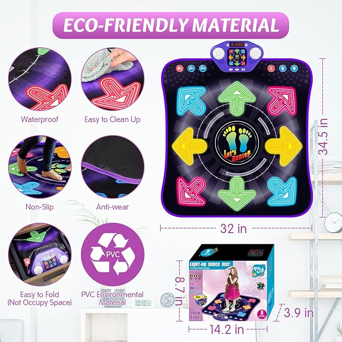 Dance Mat Toys for 3-12 Year Old Girls & Boys, Dance Mats with Light Up 8-Buttons & Wireless Bluetooth, Music Dance Toy with 5 Modes Game, Birthday Xmas Gifts for 3 4 5 6 7 8 9 10+ Year Old Girls Boys-CubbioJoy