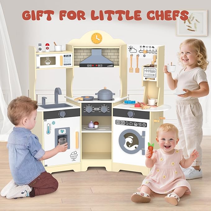ANPABO Play Kitchen for Kids, Wooden Kitchen Playset w/Real Lights & Sounds, Coffee & Ice Maker, Microwave, Stove, 30Pcs Accessories Include Play Food, Pretend Play Set for Boys & Girls, Yellow-CubbioJoy