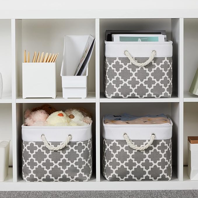 Bidtakay Basket Storage Bins Baskets for Organizing Set of 3 Collapsible Cloth Storage Linen Closet Organizer 15 X 11 X 9.5 Inches Large Foldable Baskets for Shelves (White&Quatrefoil Grey)-CubbioJoy