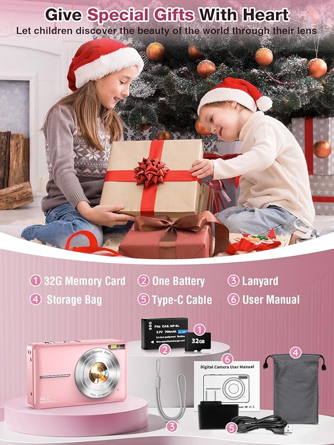 Digital Camera,FHD 1080P Kids Camera 44MP Point and Shoot Digital Cameras with 32GB Card,16X Zoom,Anti-Shake,Date Stamp,Compact Small Cameras Photography for Kids Student Teen Girl Boy(Pink)-CubbioJoy