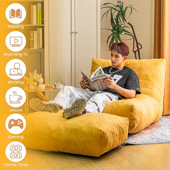 Bean Bag Chair with Ottoman, Comfy Bean Bag Sofa with Memory Foam, Lazy BeanBag Sofa with Footstool, Fireside Bean Bag Couch for Living Room, Bedroom, Apartment-CubbioJoy