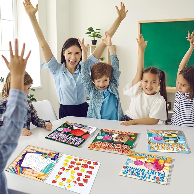 4Pcs Back to School Paint by Sticker Books Sticker by Number Books Activity Book Puzzle Book Craft Art Gift School Bus Apple Owl Alarm 32 Pictures-CubbioJoy