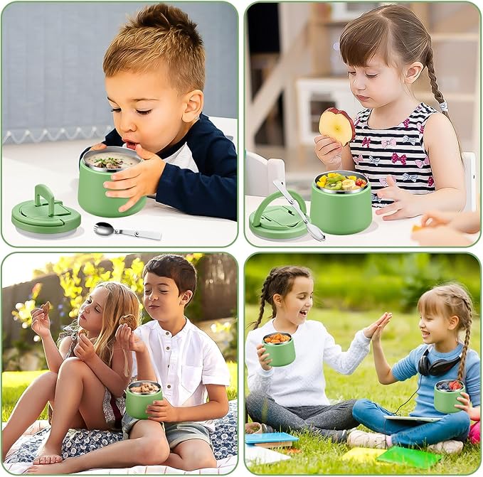 14oz Insulated Vacuum Food Jar with Buckle Lid,Soup Thermo for Hot Food Kids,Wide Mouth Leakproof Stainless Steel Lunch Container with Spoon-Green-CubbioJoy