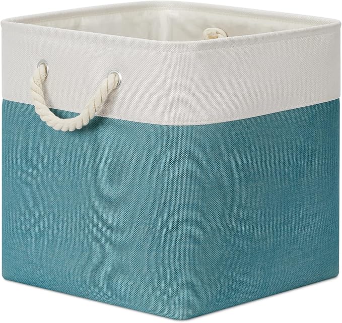 Bidtakay Fabric Baskets for Closets Shelves Lined Set of 3 Large Square Collapsible Storage Bins for Organizing 13 X 13 Cube Storage Bins for Pantry Organization Storage(Teal Blue)-CubbioJoy