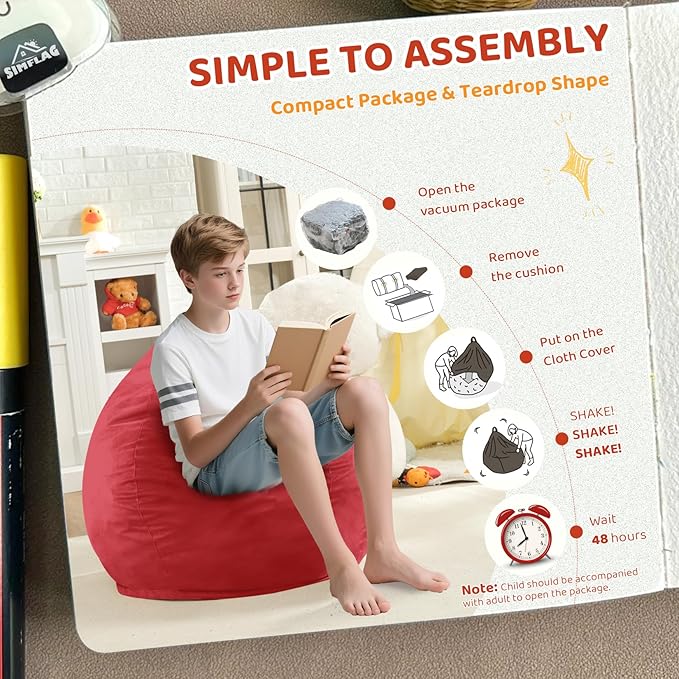 2FT Bean Bag Chair, Comfy Bean Bag Chairs with Memory Foam Filled, Fluffy Beanbag Sofa with Dutch Velvet Cover, Teardrop BeanBag Chairs for Living Room, Playroom - Red-CubbioJoy