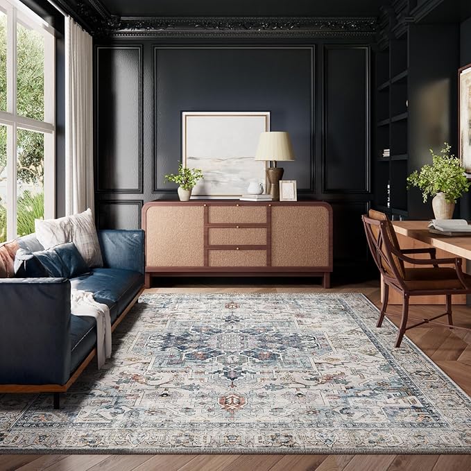 9x12 Area Rugs for Living Room: Washable Bedroom Rug Boho Vintage Rugs Stain Resistant Non Slip Low Pile Soft Lightweight Carpet for Kitchen Dining Room Farmhouse Nursery Kids Room Home Office-CubbioJoy