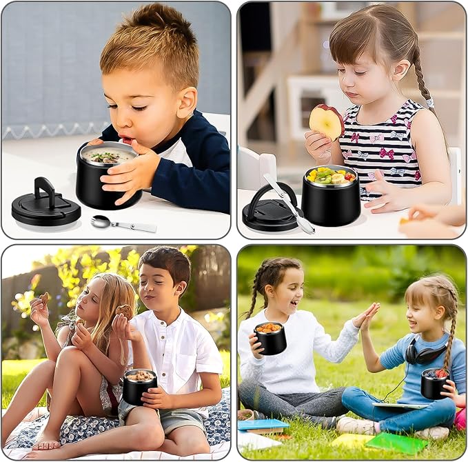 14oz Insulated Vacuum Food Jar with Buckle Lid,Soup Thermo for Hot Food Kids,Wide Mouth Leakproof Stainless Steel Lunch Container with Spoon-Black-CubbioJoy