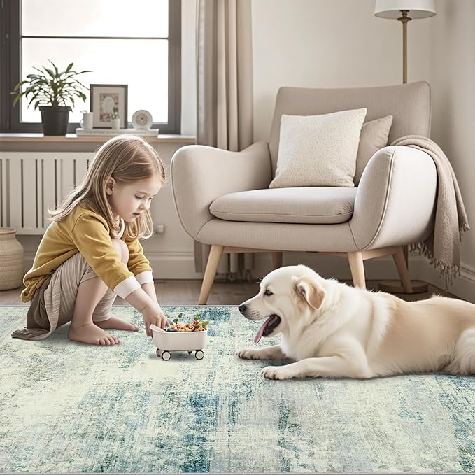 5x7 Area Rugs for Lliving Room Bedroom, Abstract Washable Rugs with Non-Slip Backing, Stain Resistant Thin Carpet for Dorm Dining Room Table Nursery Indoor Home Office-Blue/Gray-CubbioJoy