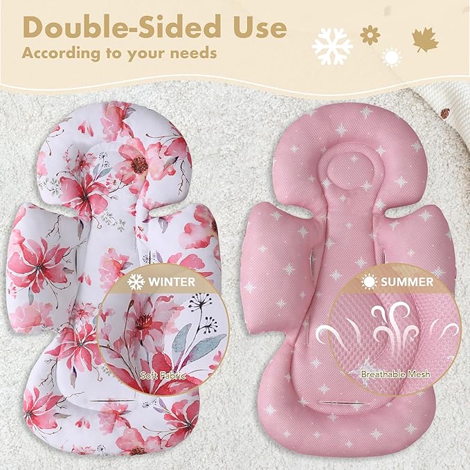 Infant Car Seat Insert, 2-in-1 Head & Body Carseat Support for Baby Newborn Toddler with Strap Covers, Reversible Ultra-Soft Cushion for Baby Carseat, Stroller, Swing & Bouncer-CubbioJoy