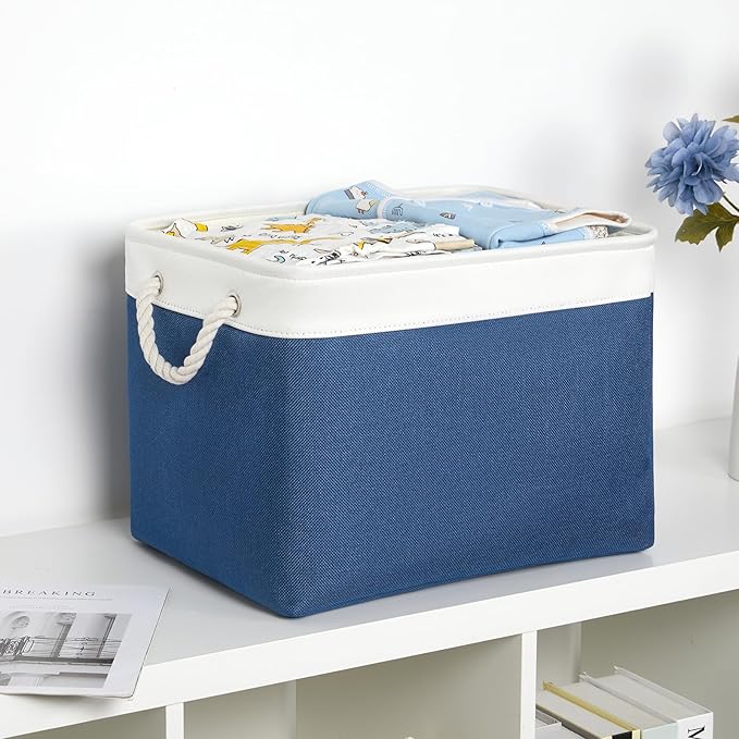 Bidtakay Large Storage Baskets for Shelves 3 Pack Fabric Storage Bins for Organizing Navy Blue Decorative Baskets Linen Collapsible Organizer for Closet-CubbioJoy