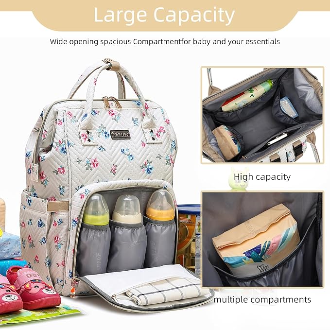 Diaper Bag Backpack, Diaper Bags for Baby Girls Boys, Baby Bags for Moms Dads, Nappy Changing Bag with Insulated Pockets,Multi-functional Waterproof Backpack with Stroller straps-Beige Flowers-CubbioJoy