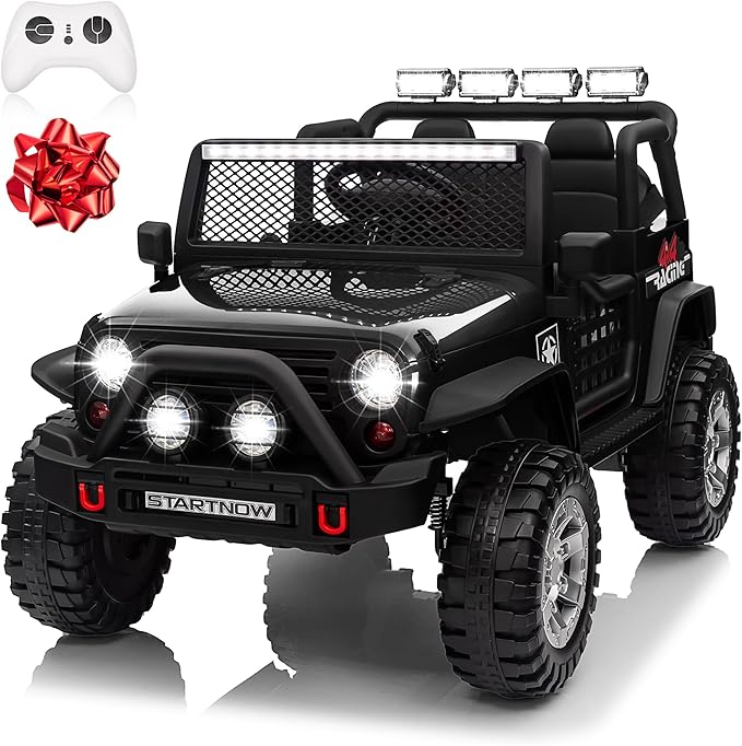 24V 4WD Ride on Truck Car w/800W Motors, Gift Flower, Remote Control, 2 Seaters, Light Bar, 3 Speeds, Pop Music, Power Four Wheels, 24 Volt Ride on Toy Car for Big Kids, Black-CubbioJoy