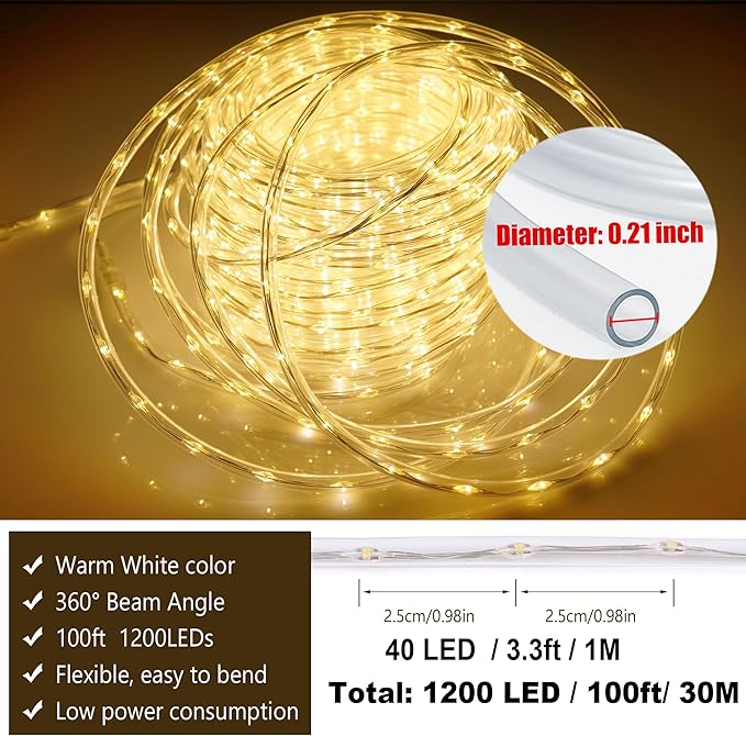 100ft 1200 LED Rope Lights Outdoor, Connectable Warm White Rope Lights Plug in, Outdoor String Lights Waterproof Decorative Lighting for Deck Patio Backyard Garden Pool Camping Room Indoor Décor-CubbioJoy