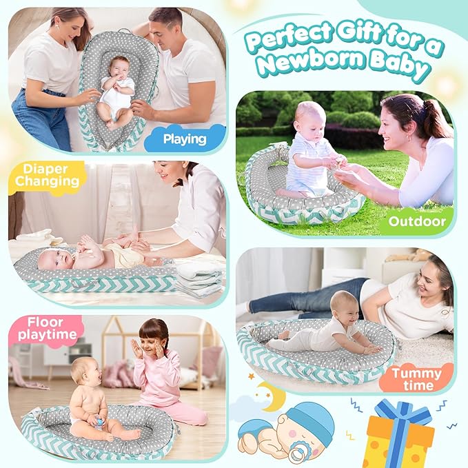 Baby Lounger - Baby Lounger for Newborn 0-24 Months, Breathable and Soft Cotton Cover Baby Nest, Portable Cozy Tummy Time Lounger for Home and Travel, Ideal Baby Essentials & Shower Gifts-CubbioJoy