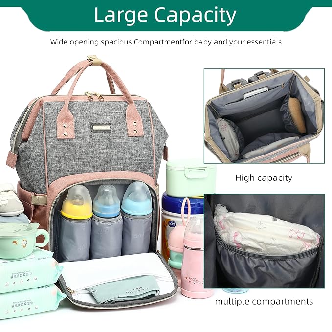 Diaper Bag Backpack, Diaper Bags for Baby Girls Boys, Baby Bags for Moms Dads, Nappy Changing Bag with Insulated Pockets,Multi-functional Waterproof Backpack with Stroller straps-Pink-CubbioJoy