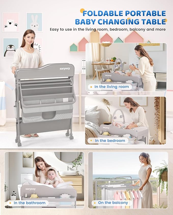 Baby Changing Table, Versatile Folding Changing Table, Waterproof Diaper Changing Station, Adjustable Height with 2 Drawers,Baby Changing Station, Mobile Nursery for Infant and Newborn-CubbioJoy
