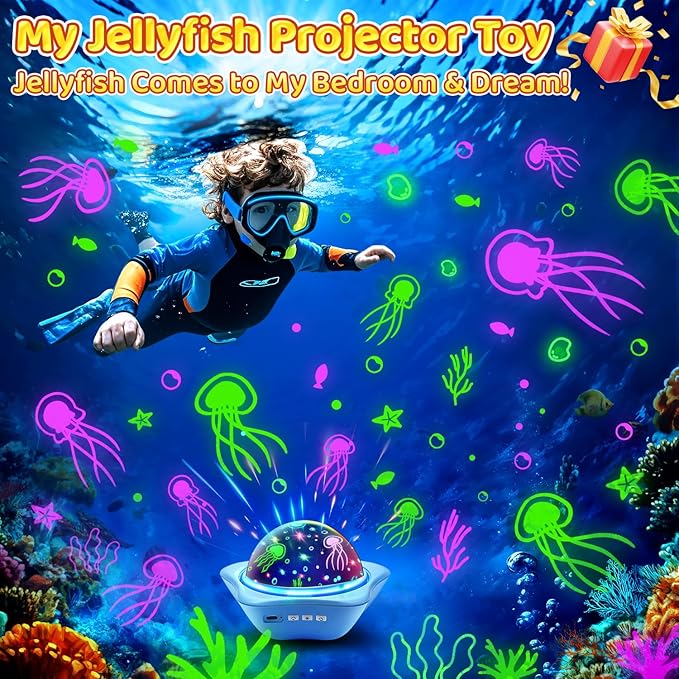 Jellyfish Baby Night Light Projector, Dinosaur+Jellyfish+Unicorn Night Light Projector, 96 Projection Options+USB Rechargeable Baby Sleeping Toys Baby Gifts,Jellyfish Lamp Baby Toys Baby Gifts Newborn-CubbioJoy