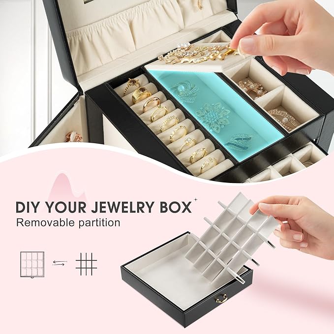 5-Layer Jewelry Box with 4 Drawers, Huge Portable Jewelry Organizer with Lock and Mirror for Women, for Necklace Ring Earring Bracelet Storage, Lockable Jewelry Case, Black-CubbioJoy