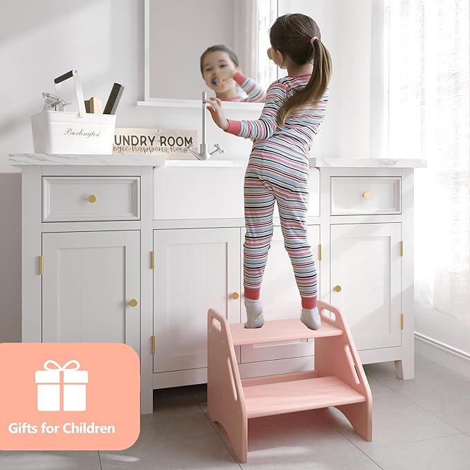 AMBIRD Wooden Step Stool, Two Step Stools Toddler 300 lbs Capacity with Safety Non-Slip Pads and Handles, Bamboo Step Stool for Bathroom, Kitchen Dual Height Step Stools for Kids (Pink)-CubbioJoy