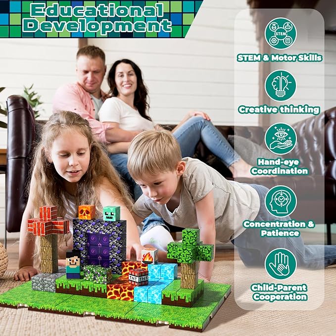 150 PCS Magnetic Blocks - Magnetic Building Block with 6 Baseplate, Stacking Magnets for Kids, Sensory Toy for Toddlers STEM Learning, Birthday Gifts for 3+ Years Old Boys Girls-CubbioJoy