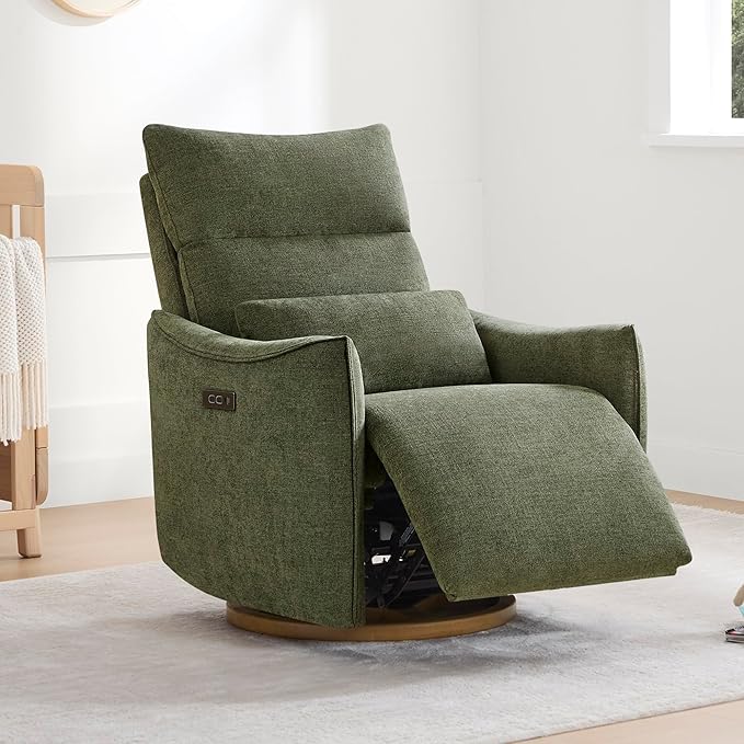 CHITA Swivel Rocker Recliner Chair, Power Nursery Glider Recliner, Nursery Rocking Chair with Adjustable Power Headrest, FSC Certified, Solid Wood Base, Moss Green-CubbioJoy